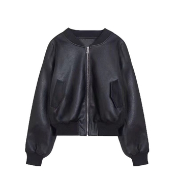 Dámska čierna kožená bomber bunda, krátka dĺžka, dlhý rukáv, jeseň/zima 2025, retro voľný strih