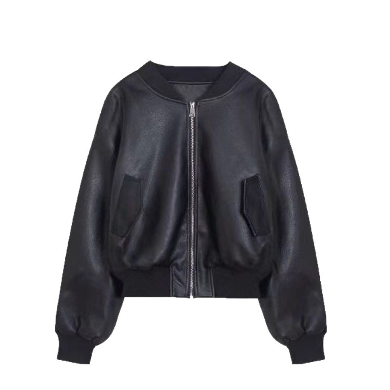 Dámska čierna kožená bomber bunda, krátka dĺžka, dlhý rukáv, jeseň/zima 2025, retro voľný strih