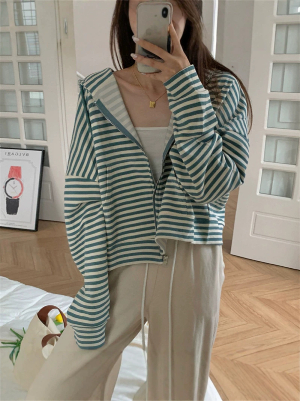 Női amerikai stílusú kapucnis laza oversize csíkos kardigán-sweatshirt, vékony, rövid fazon tavaszra, őszre és télre