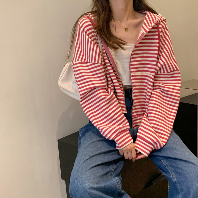 Női amerikai stílusú kapucnis laza oversize csíkos kardigán-sweatshirt, vékony, rövid fazon tavaszra, őszre és télre