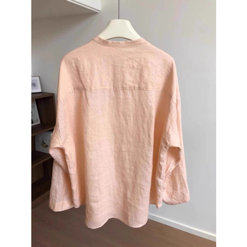 Női pamut-len anyagú ing apricot pink színben, kis álló gallér, bő szabás, Koreai design, nyár 2025