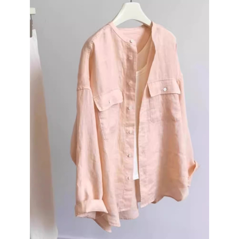 Női pamut-len anyagú ing apricot pink színben, kis álló gallér, bő szabás, Koreai design, nyár 2025
