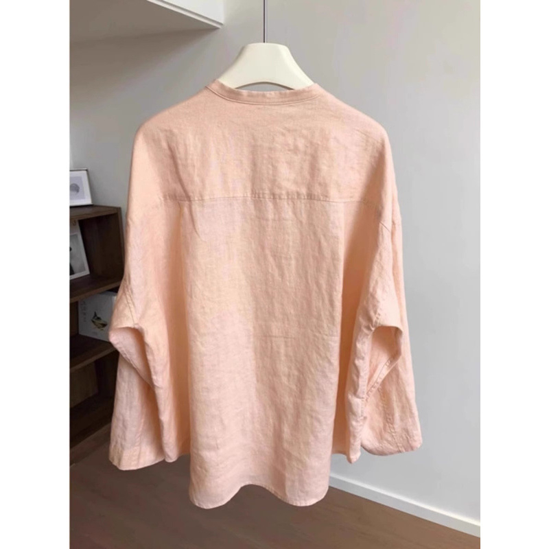 Női pamut-len anyagú ing apricot pink színben, kis álló gallér, bő szabás, Koreai design, nyár 2025