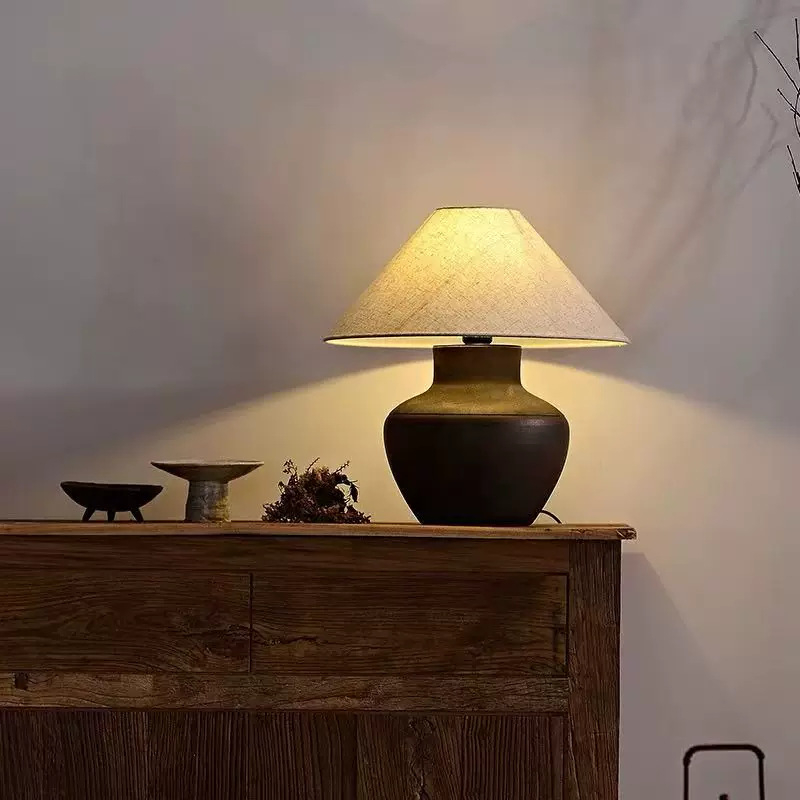 Stolová lampa z keramickej nádoby Wabi-Sabi, luxusná nočná lampa inšpirovaná zenovým štýlom do spálne, retro dekorácia obývačky