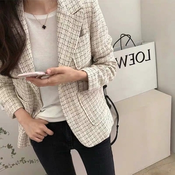 Női chic rövid blézer kockás mintával, koreai stílus, 2025 őszi-téli kollekció, középhosszú, egygombos, hosszú ujjú.