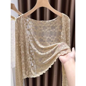 Édes csipkés kardigán-sál a napsugár elleni védelemért, könnyű nyári réteg, átlátszó külső ruházat pántos ruhához