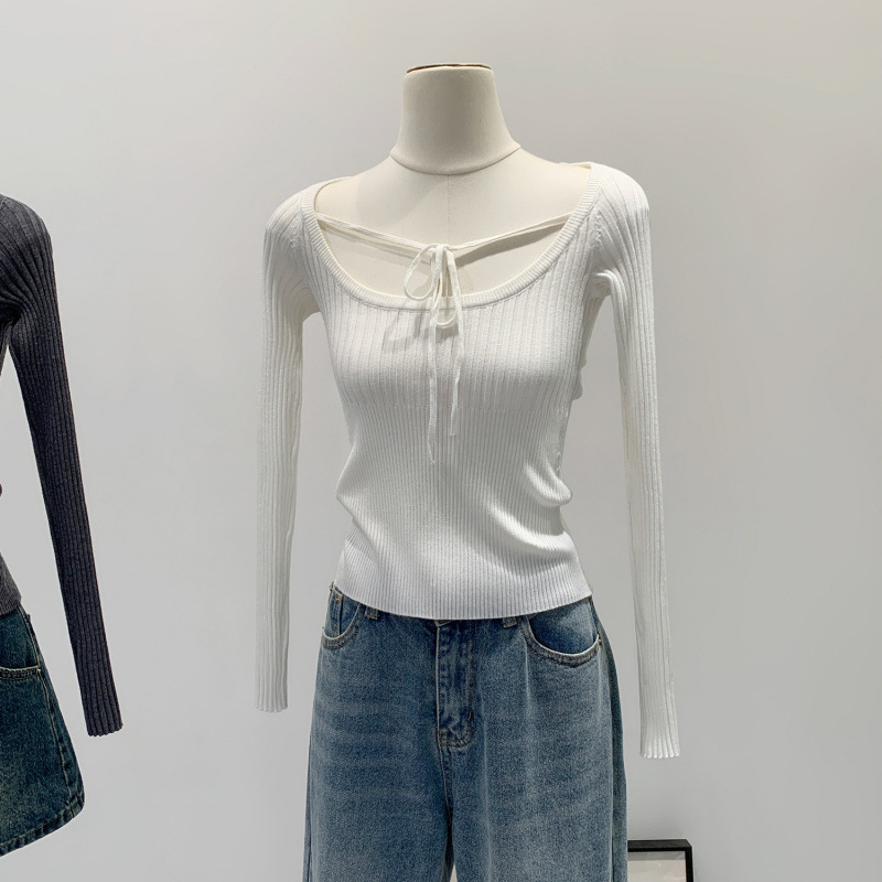 Női slim-fit gyapjú-kötött felső U-nyakkal, hosszú ujjú, rövid téli felső