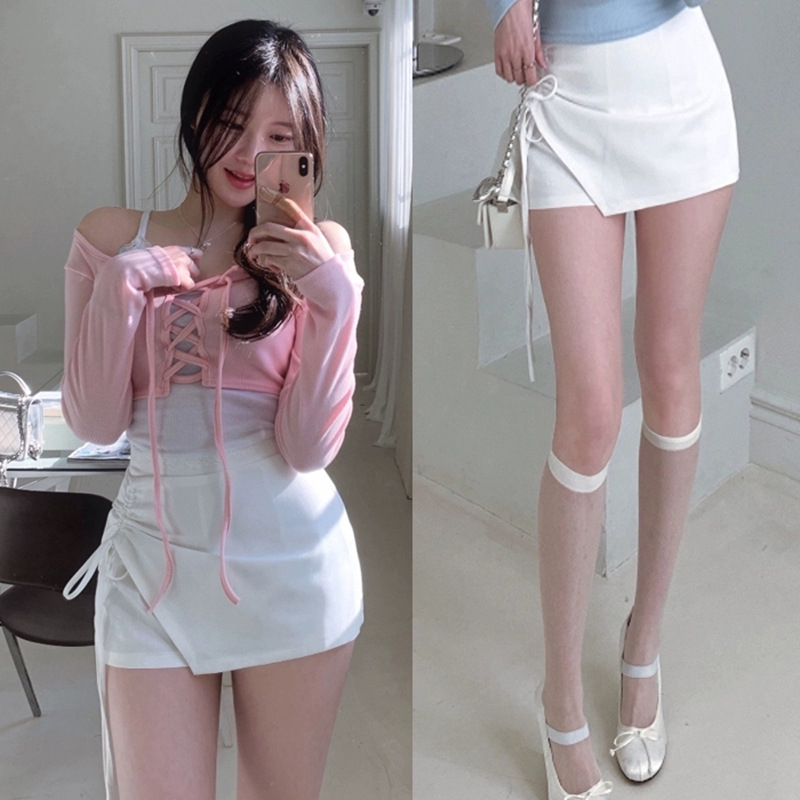 Koreai Dongdaemun őszi-téli új stílus, egyszínű, egyszerű drawstring derék, A-vonalú rövid szoknya, női modell, sokoldalú