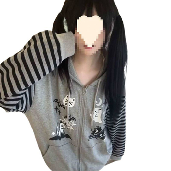 Női macskafülös kapucnis fleece kabát, őszi–téli vastag bélés, retro amerikai stílus, csíkos dizájn