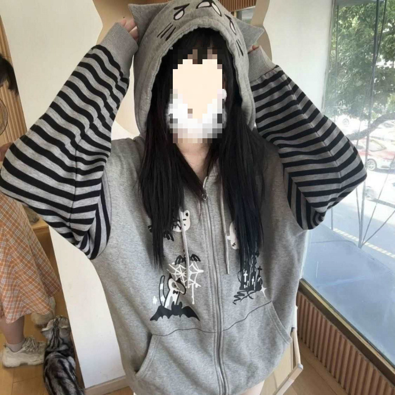 Női macskafülös kapucnis fleece kabát, őszi–téli vastag bélés, retro amerikai stílus, csíkos dizájn