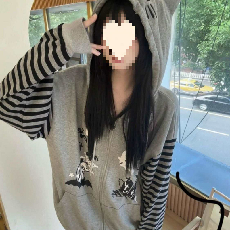 Női macskafülös kapucnis fleece kabát, őszi–téli vastag bélés, retro amerikai stílus, csíkos dizájn