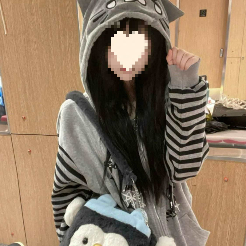 Női macskafülös kapucnis fleece kabát, őszi–téli vastag bélés, retro amerikai stílus, csíkos dizájn