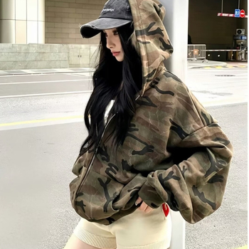 Női amerikai retro camo kapucnis pulóver-dzseki, laza szabás, hosszú ujjú, cipzárral, őszre