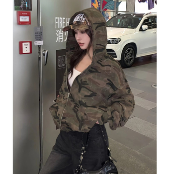 Női amerikai retro camo kapucnis pulóver-dzseki, laza szabás, hosszú ujjú, cipzárral, őszre