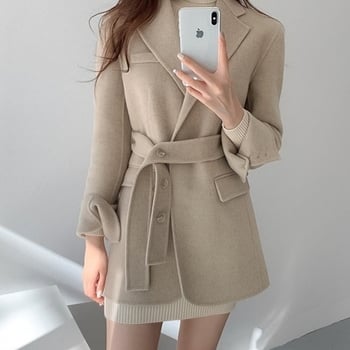 Fekete gyapjú tweed női kabát, koreai stílus, kis termetűeknek, középhosszú, öv a derekán