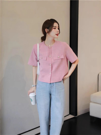 Chanel-stílusú női rövid ujjú top, mentazöld, kerek nyakú, zakó-stílusú, könnyű és sokoldalú