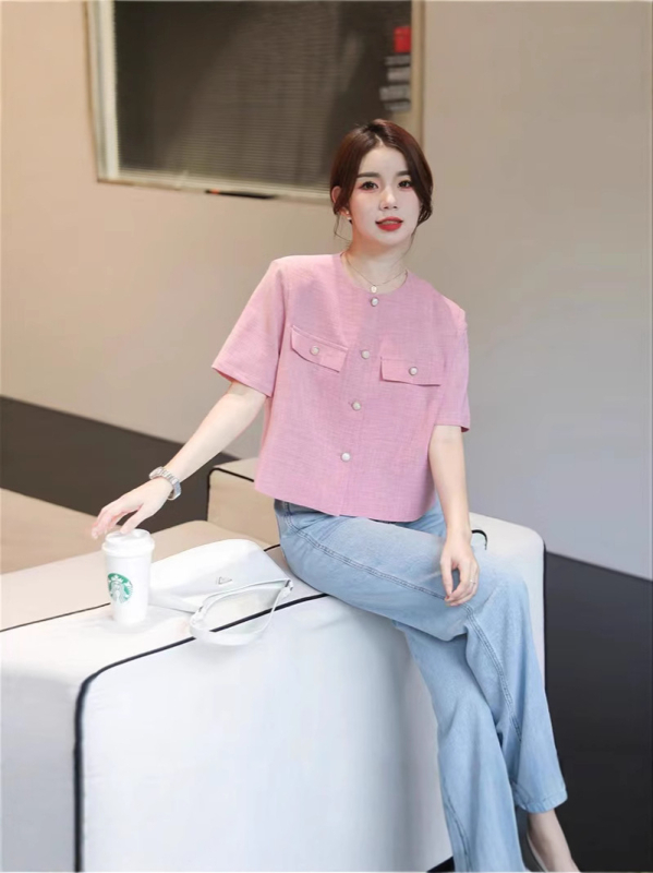 Chanel-stílusú női rövid ujjú top, mentazöld, kerek nyakú, zakó-stílusú, könnyű és sokoldalú