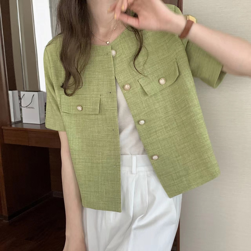 Chanel-stílusú női rövid ujjú top, mentazöld, kerek nyakú, zakó-stílusú, könnyű és sokoldalú