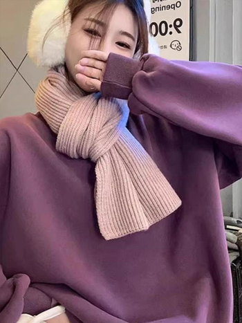 Lila koreai-stílusú női pulóver, kerek nyak, kapucni nélkül, fleece-béléssel, őszi–téli vastag, laza szabás, minimalistán egyszínű, modell 6382