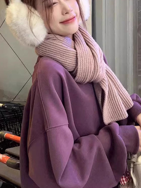 Lila koreai-stílusú női pulóver, kerek nyak, kapucni nélkül, fleece-béléssel, őszi–téli vastag, laza szabás, minimalistán egyszínű, modell 6382
