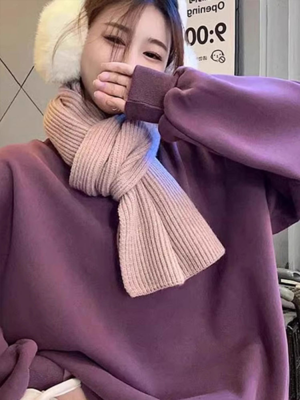 Lila koreai-stílusú női pulóver, kerek nyak, kapucni nélkül, fleece-béléssel, őszi–téli vastag, laza szabás, minimalistán egyszínű, modell 6382