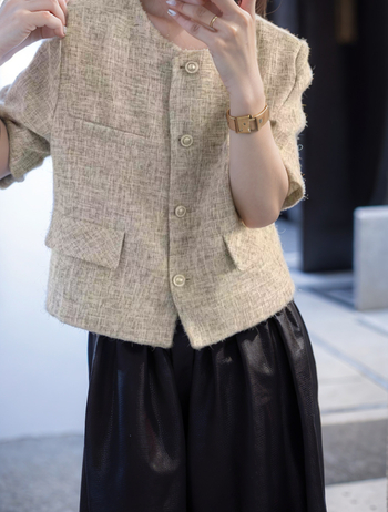 Női tweed zakó koreai Dongdaemun-stílusban, kis méret, kerek nyak, rövid ujjú, elöl gombos