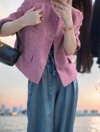 Női tweed zakó koreai Dongdaemun-stílusban, kis méret, kerek nyak, rövid ujjú, elöl gombos