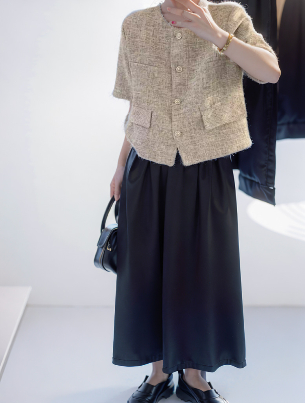 Női tweed zakó koreai Dongdaemun-stílusban, kis méret, kerek nyak, rövid ujjú, elöl gombos