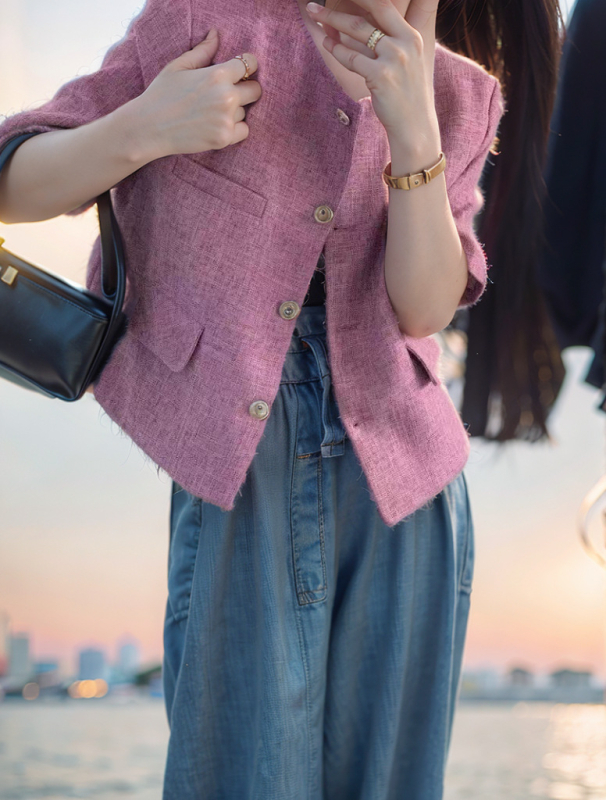 Női tweed zakó koreai Dongdaemun-stílusban, kis méret, kerek nyak, rövid ujjú, elöl gombos
