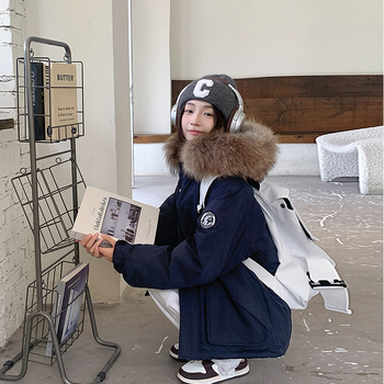 Női téli pamutbélelt kabát, töltettel, szőrme gallérral, álló gallérral, cipzár, lazább szabás, 2024 új modell