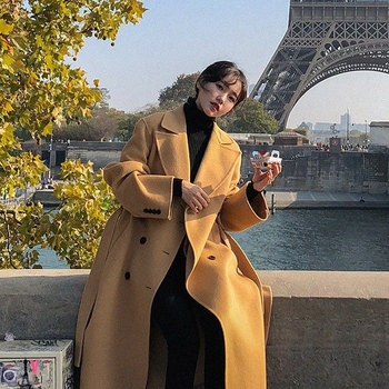 Palton din lână în stil Hepburn, lung până la gleznă, croială largă, vintage modern