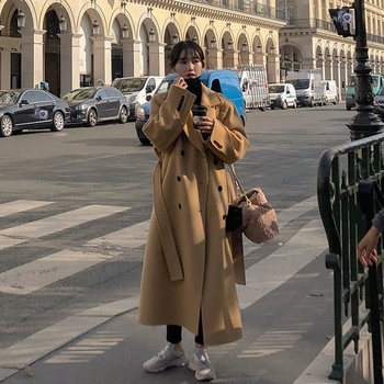 Palton din lână în stil Hepburn, lung până la gleznă, croială largă, vintage modern
