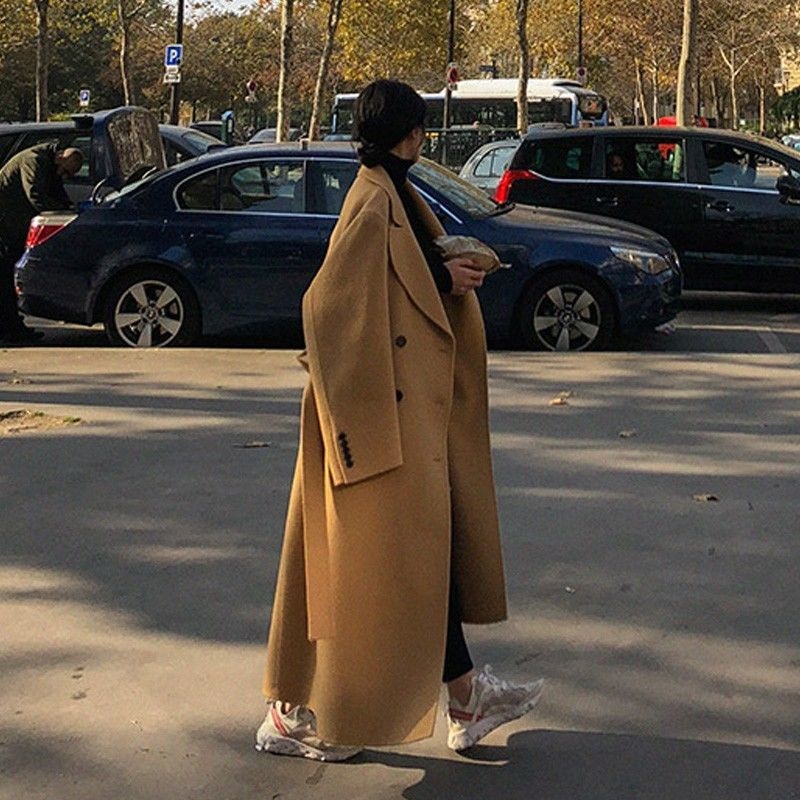 Palton din lână în stil Hepburn, lung până la gleznă, croială largă, vintage modern