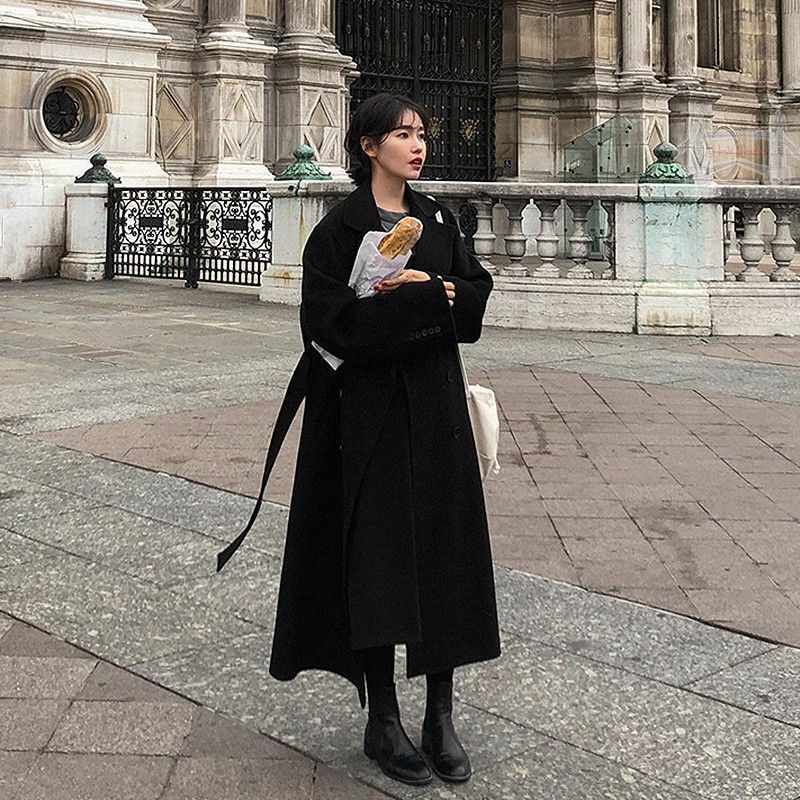 Palton din lână în stil Hepburn, lung până la gleznă, croială largă, vintage modern