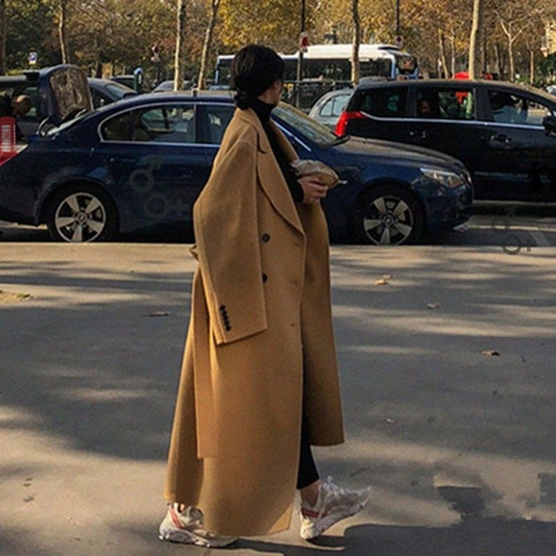 Palton din lână în stil Hepburn, lung până la gleznă, croială largă, vintage modern