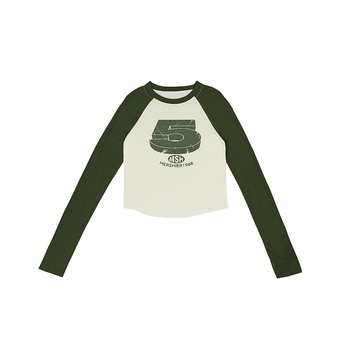 Női croptop hosszú ujjú póló, retro millenniumi stílus, amerikai mintával, kerek nyakú, karcsú szabás