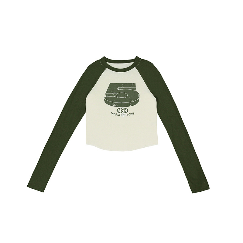 Női croptop hosszú ujjú póló, retro millenniumi stílus, amerikai mintával, kerek nyakú, karcsú szabás