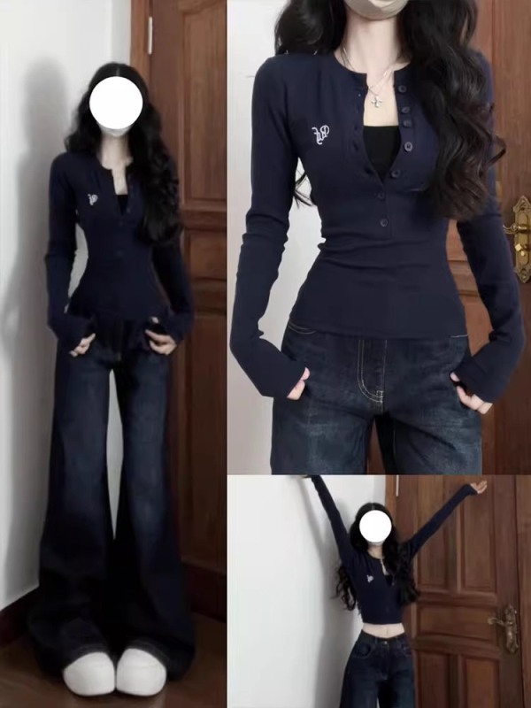 Női őszi hosszú ujjú felső elöl gombos, karcsú szabású, cropped alapréteg felső