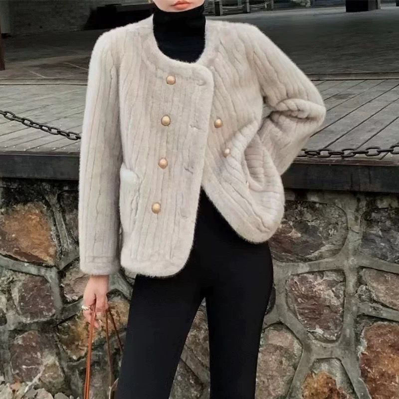 Женско палто от изкуствена норка, късо, двойно закопчаване, Chanel стил, есенно-зимно 2022
