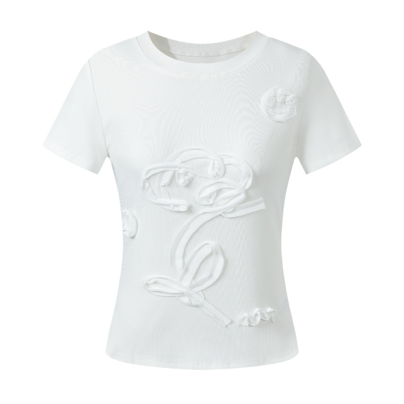Fehér női rövid ujjú T-shirt, nyár 2026, 3D virágos mintázat, prémium karcsúsított crop top