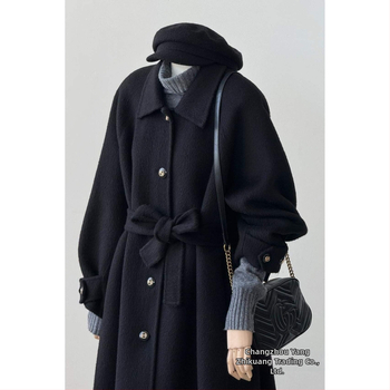 Palto negru minimalist pentru femei, toamnă-iarnă 2025, inspirat de stilul coreean Hepburn, palton elegant din lână