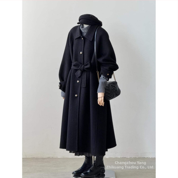 Palto negru minimalist pentru femei, toamnă-iarnă 2025, inspirat de stilul coreean Hepburn, palton elegant din lână