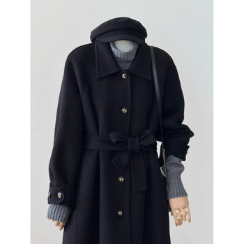 Palto negru minimalist pentru femei, toamnă-iarnă 2025, inspirat de stilul coreean Hepburn, palton elegant din lână