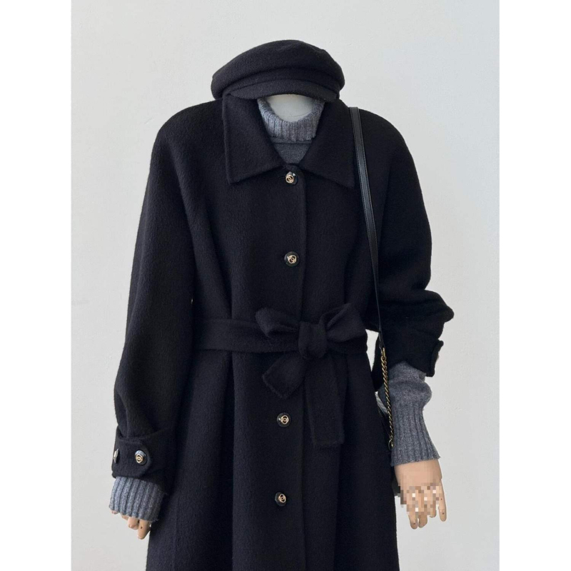 Palto negru minimalist pentru femei, toamnă-iarnă 2025, inspirat de stilul coreean Hepburn, palton elegant din lână