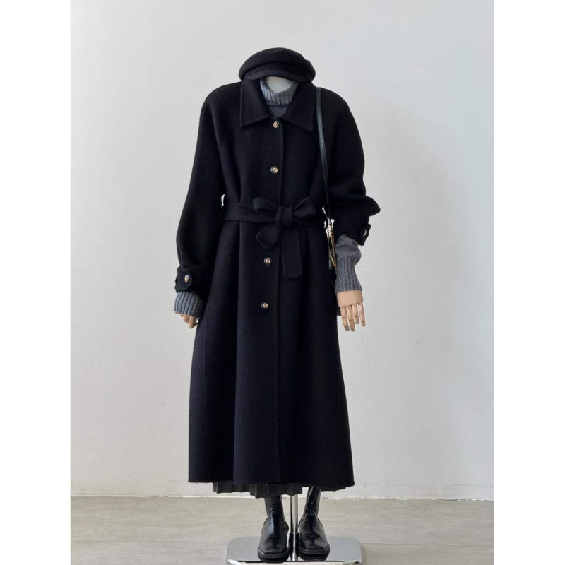 Palto negru minimalist pentru femei, toamnă-iarnă 2025, inspirat de stilul coreean Hepburn, palton elegant din lână