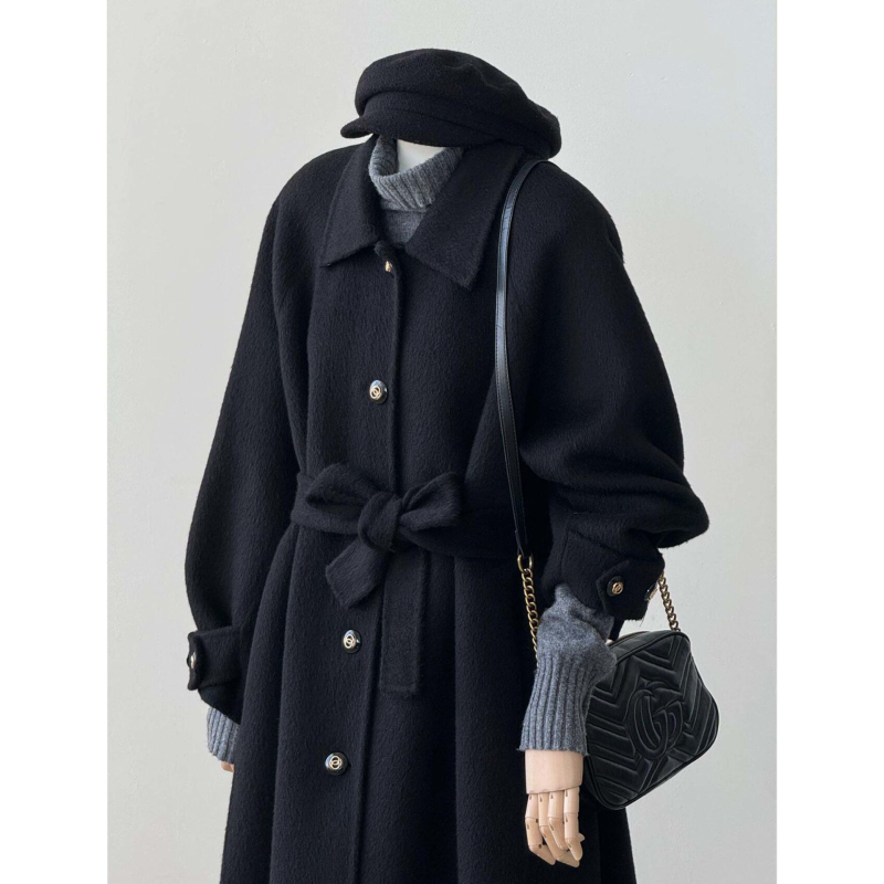 Palto negru minimalist pentru femei, toamnă-iarnă 2025, inspirat de stilul coreean Hepburn, palton elegant din lână