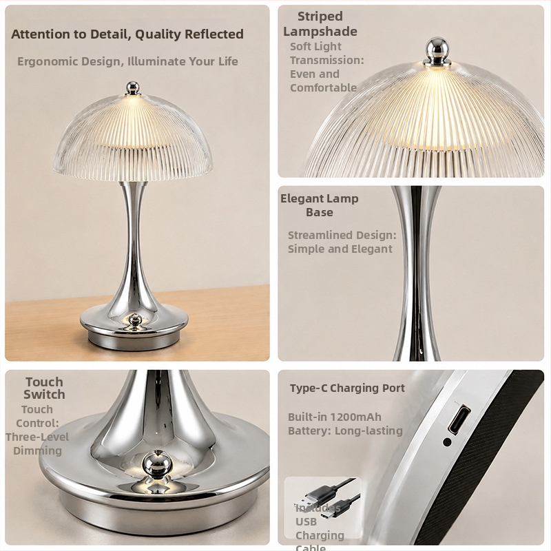 Nová stolová lampa z roku 2026 s luxusnou povrchovou úpravou, nabíjaním cez USB, ozdobným tvarom kvetinového púčika a štíhlym dizajnom.