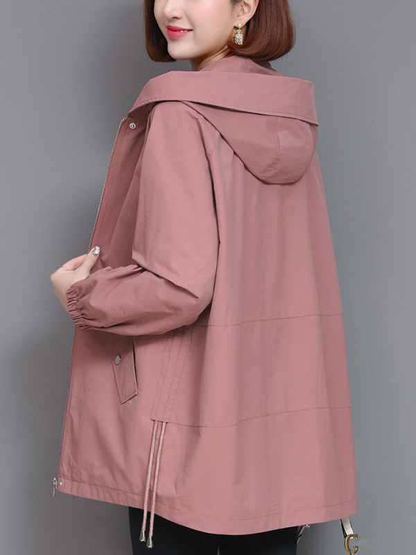 Palton casual cu glugă, lungime medie, pentru primăvară-toamnă, culoare solidă, amestec bumbac-nylon, croială lejeră, fermoar frontal, stil casual japonez-coreean