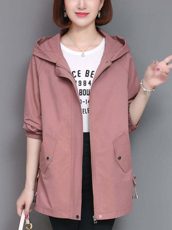 Palton casual cu glugă, lungime medie, pentru primăvară-toamnă, culoare solidă, amestec bumbac-nylon, croială lejeră, fermoar frontal, stil casual japonez-coreean