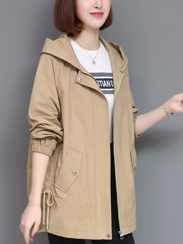 Palton casual cu glugă, lungime medie, pentru primăvară-toamnă, culoare solidă, amestec bumbac-nylon, croială lejeră, fermoar frontal, stil casual japonez-coreean